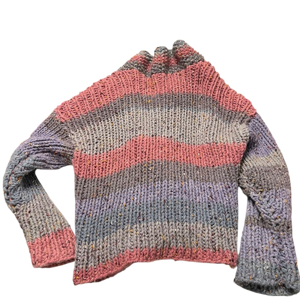 Handmade Pink Gray Striped Chunky Cardigan Womens Oversized - Picture 2 of 8